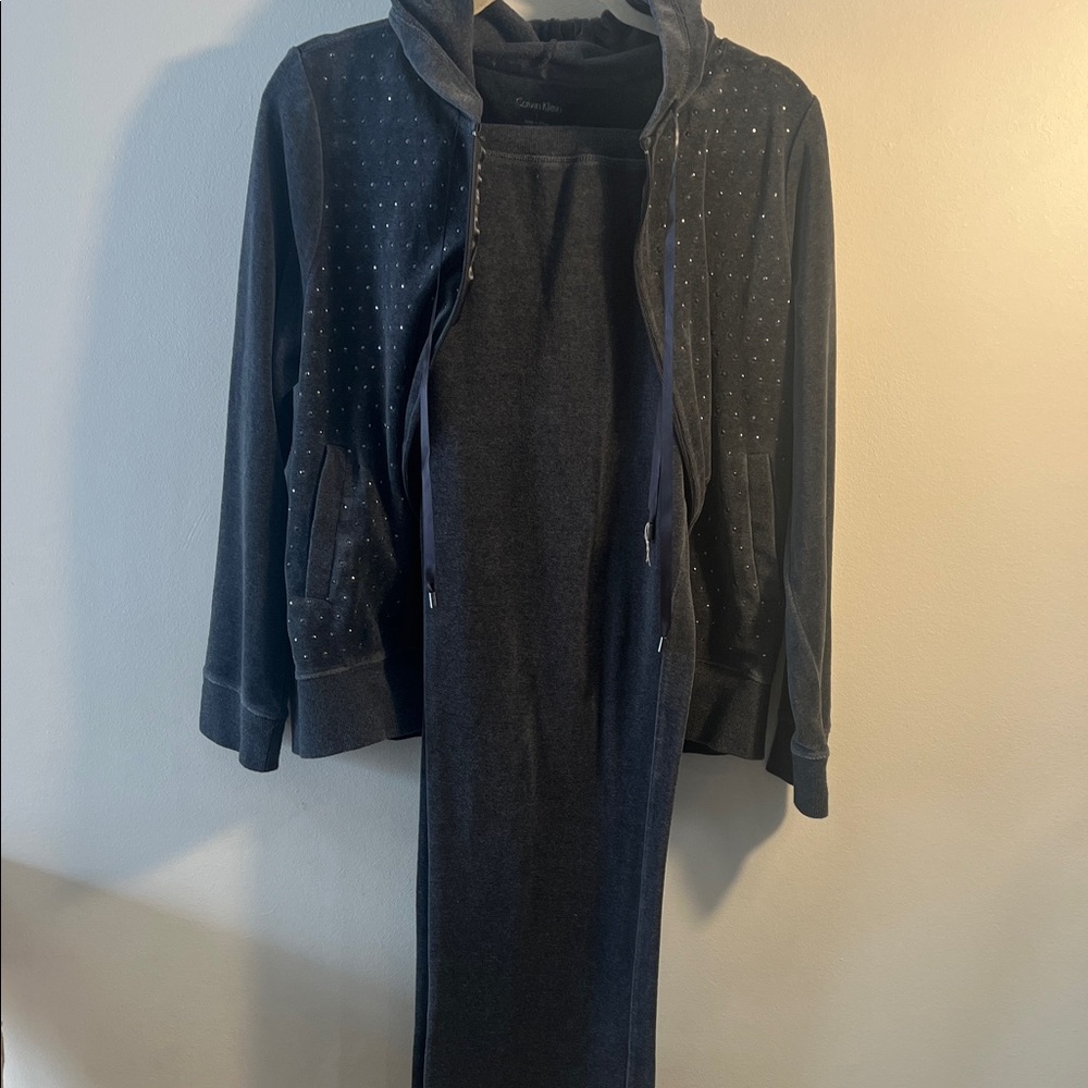 Calvin Klein Charcoal Gray velour  2 piece  lounge wear - top is hooded full zip